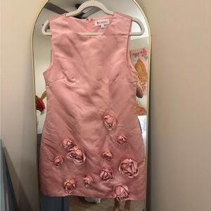 L'ATISTE Blush Pink Satin Rose-Appliqué Shift Dress